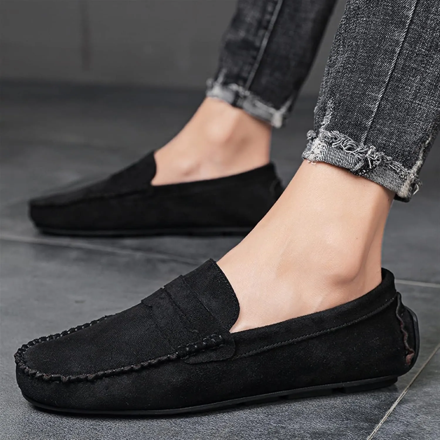 New Mens Loafers Shoe Genuine Leather Round Toe Suede Vamp Penny Loafer Slip Resistant Lightweight Anti-slip Prom Slip-ons