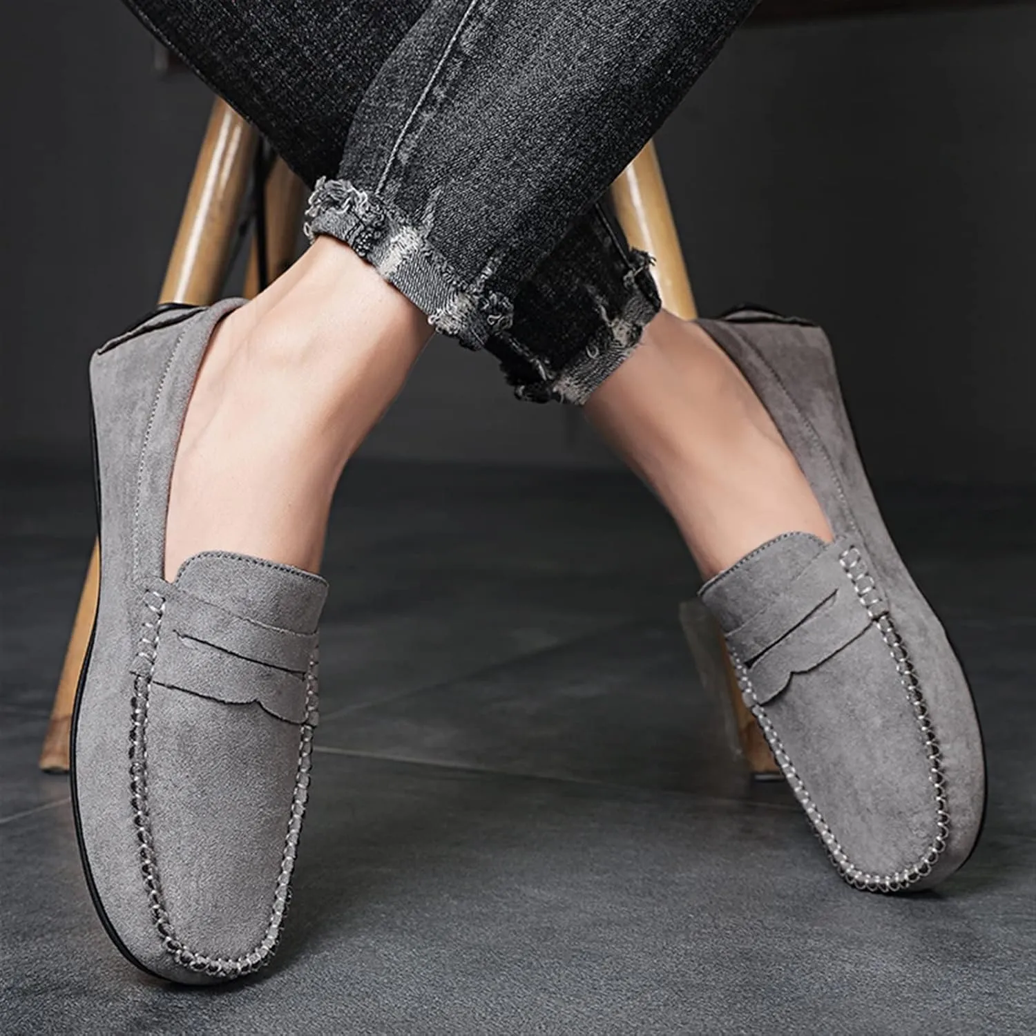 New Mens Loafers Shoe Genuine Leather Round Toe Suede Vamp Penny Loafer Slip Resistant Lightweight Anti-slip Prom Slip-ons