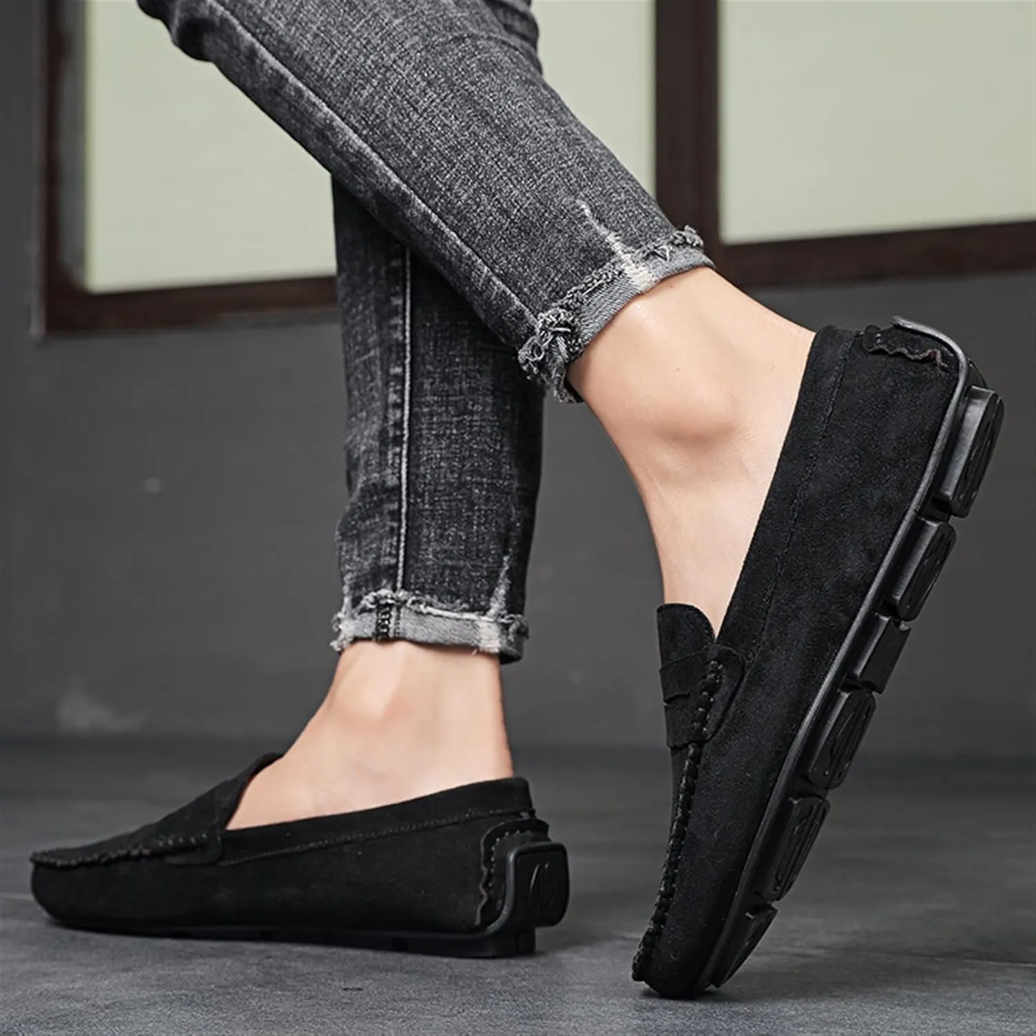 New Mens Loafers Shoe Genuine Leather Round Toe Suede Vamp Penny Loafer Slip Resistant Lightweight Anti-slip Prom Slip-ons