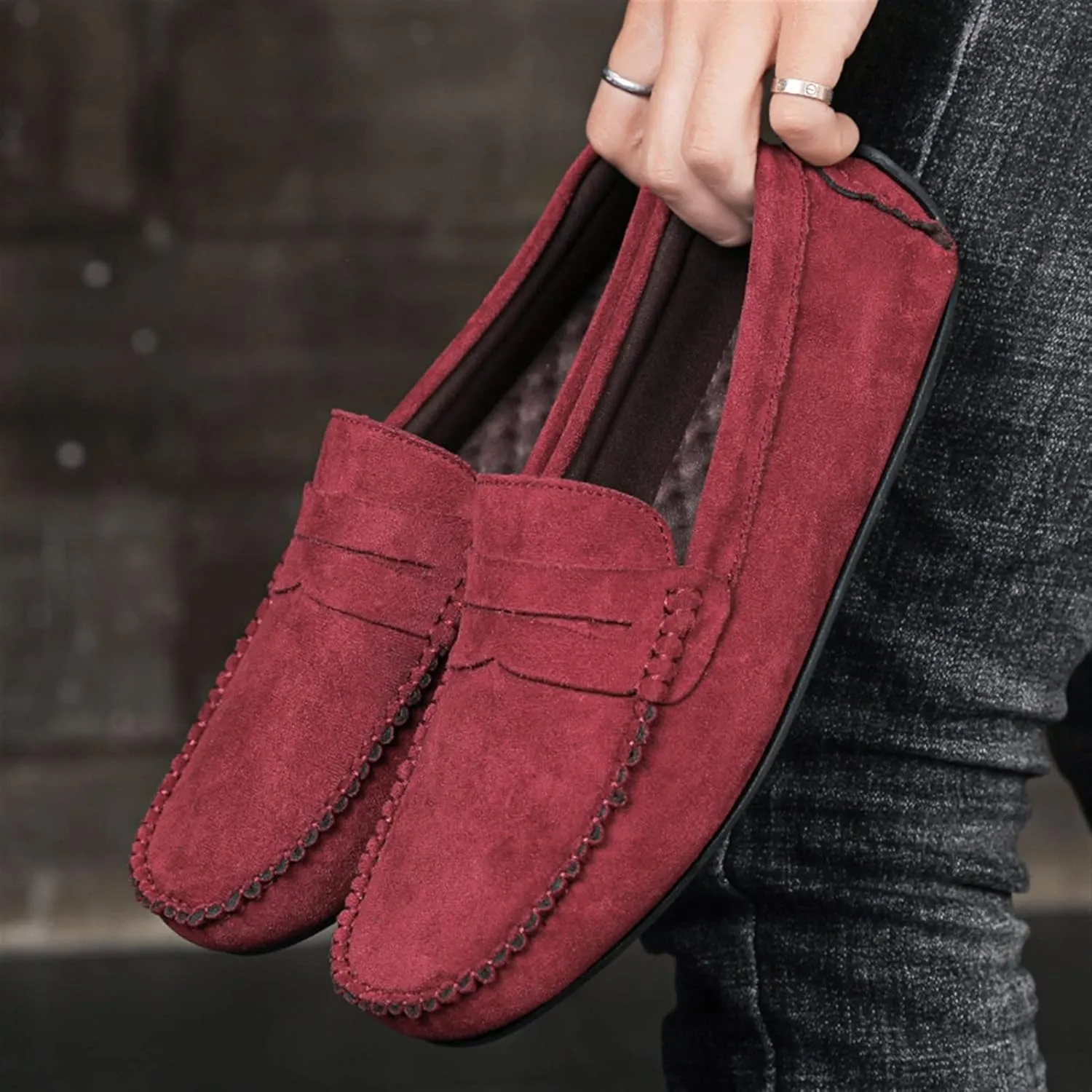 New Mens Loafers Shoe Genuine Leather Round Toe Suede Vamp Penny Loafer Slip Resistant Lightweight Anti-slip Prom Slip-ons