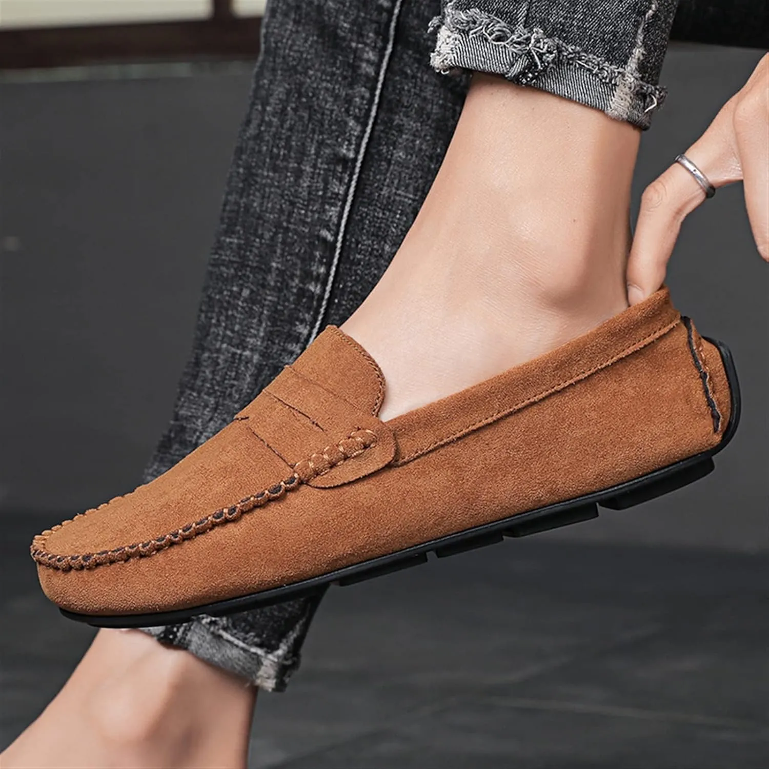 New Mens Loafers Shoe Genuine Leather Round Toe Suede Vamp Penny Loafer Slip Resistant Lightweight Anti-slip Prom Slip-ons