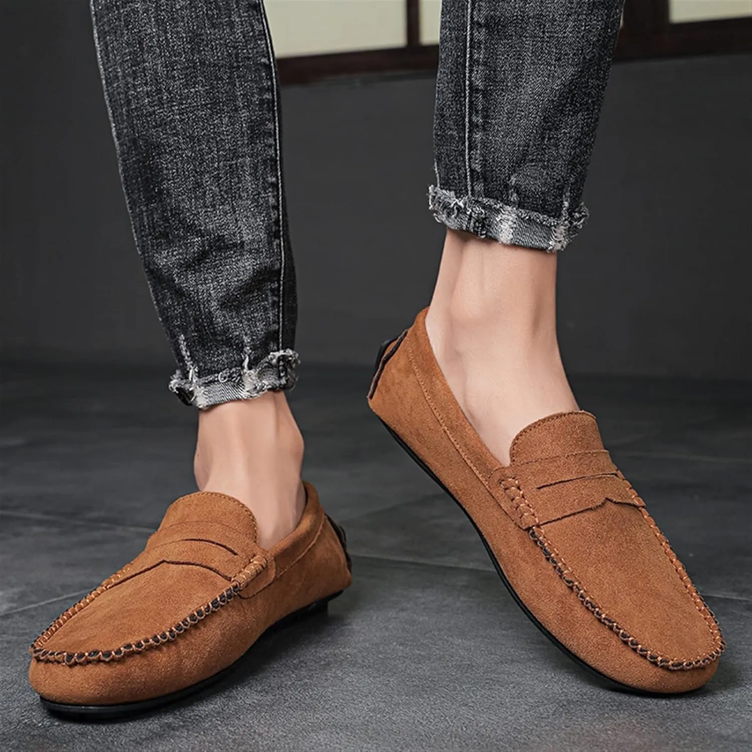 New Mens Loafers Shoe Genuine Leather Round Toe Suede Vamp Penny Loafer Slip Resistant Lightweight Anti-slip Prom Slip-ons