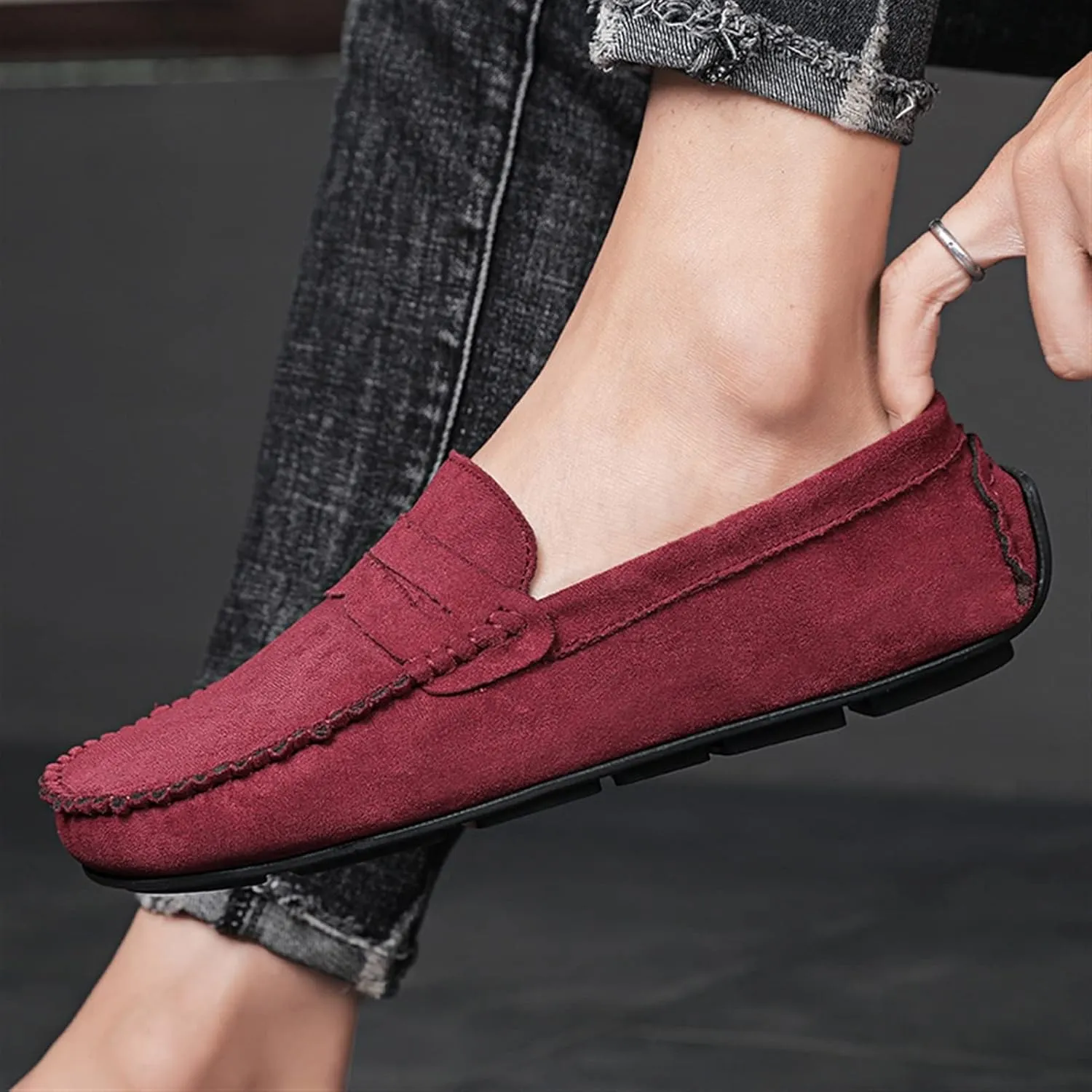 New Mens Loafers Shoe Genuine Leather Round Toe Suede Vamp Penny Loafer Slip Resistant Lightweight Anti-slip Prom Slip-ons