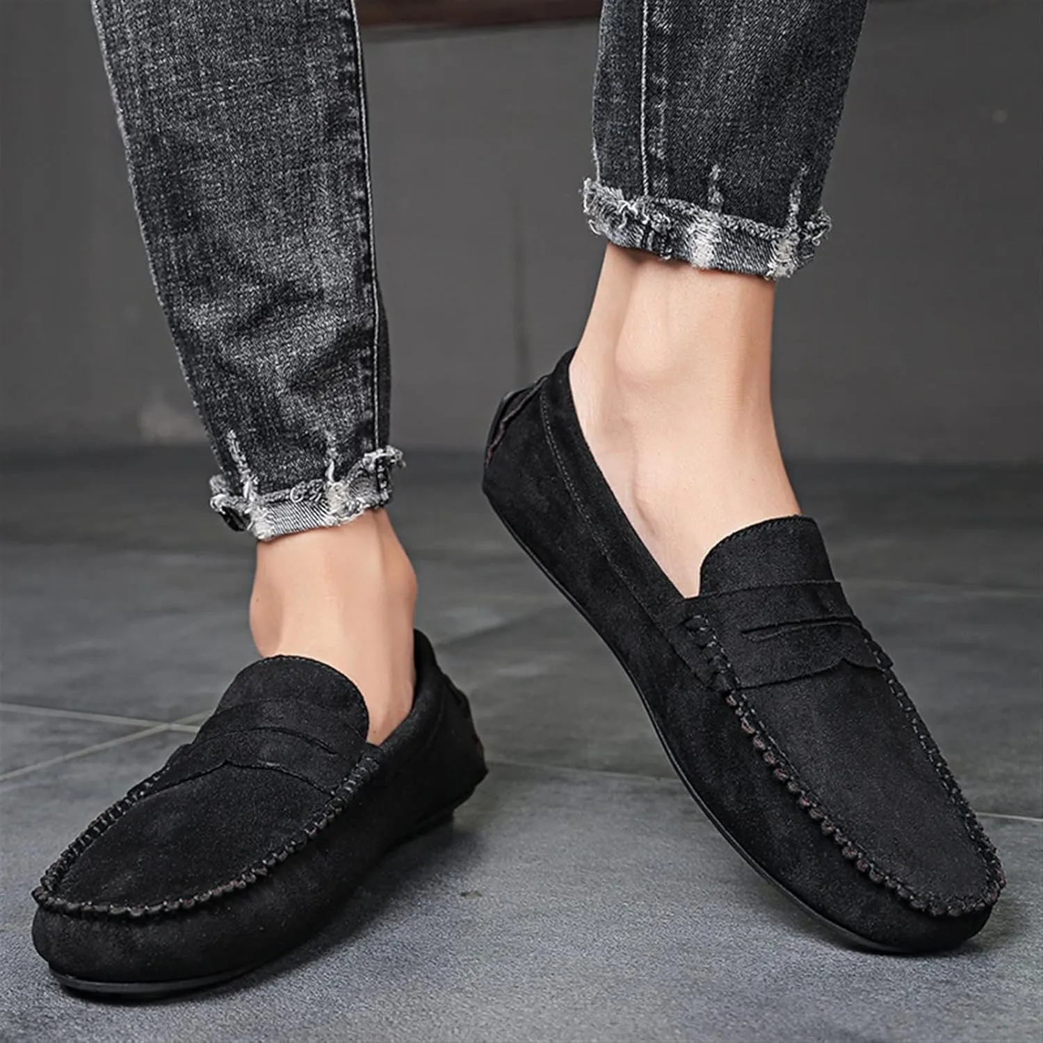 New Mens Loafers Shoe Genuine Leather Round Toe Suede Vamp Penny Loafer Slip Resistant Lightweight Anti-slip Prom Slip-ons