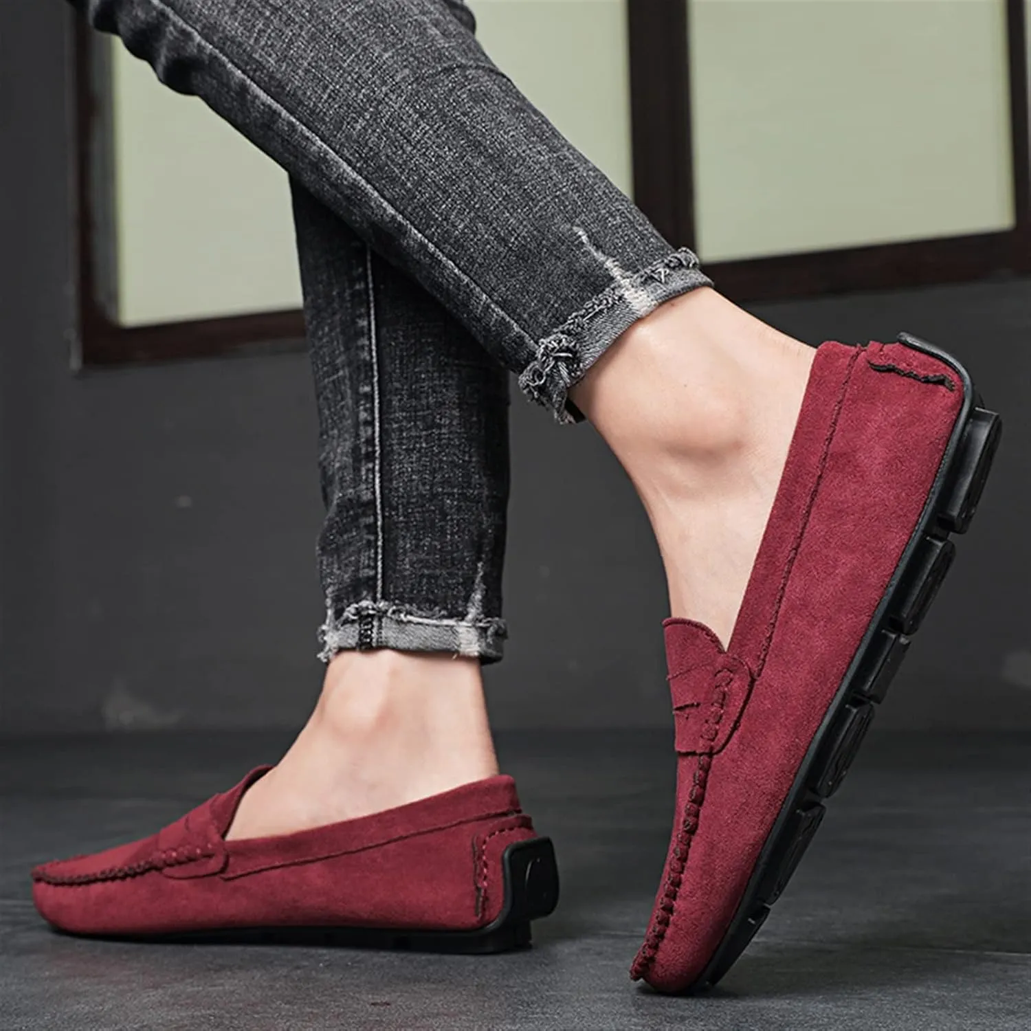 New Mens Loafers Shoe Genuine Leather Round Toe Suede Vamp Penny Loafer Slip Resistant Lightweight Anti-slip Prom Slip-ons