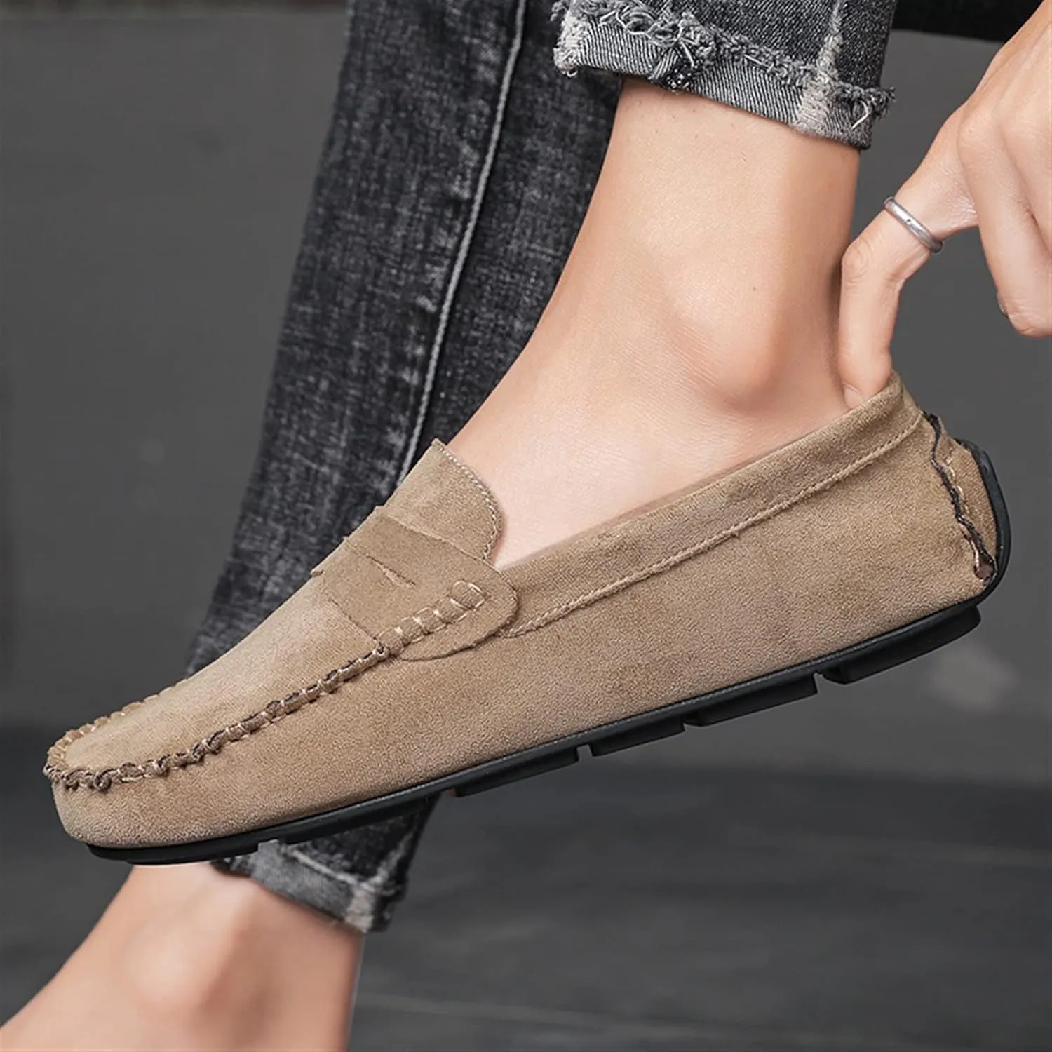 New Mens Loafers Shoe Genuine Leather Round Toe Suede Vamp Penny Loafer Slip Resistant Lightweight Anti-slip Prom Slip-ons