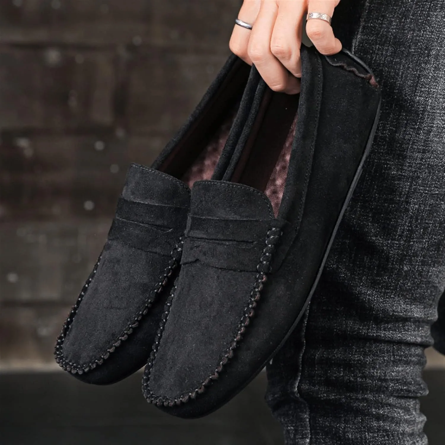 New Mens Loafers Shoe Genuine Leather Round Toe Suede Vamp Penny Loafer Slip Resistant Lightweight Anti-slip Prom Slip-ons
