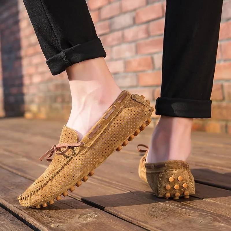 New Mens Loafers Shoe Perforated Suede Driving Boatshoes Moccasins Shoes Anti-Slip Lightweight Comfortable Outdoor Slip-ons