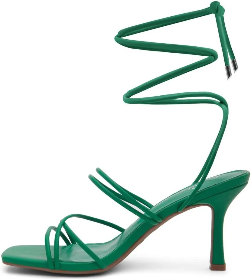 Shoe Land Women's Strappy Heels ?C Square Open Toe Lace-Up Heeled Sandals with Adjustable Ankle Wrap, Comfy 3-Inch Stiletto Dressy Evening High Heels for Wedding & Party
