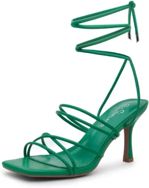 Shoe Land Women's Strappy Heels ?C Square Open Toe Lace-Up Heeled Sandals with Adjustable Ankle Wrap, Comfy 3-Inch Stiletto Dressy Evening High Heels for Wedding & Party
