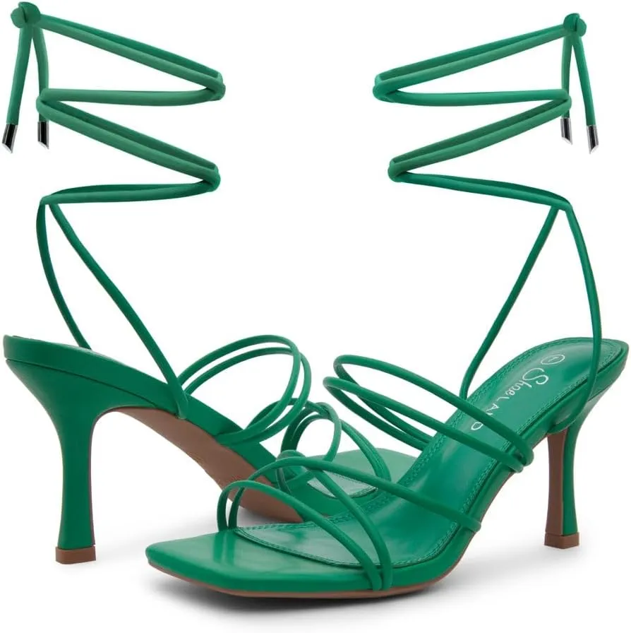 Shoe Land Women's Strappy Heels ?C Square Open Toe Lace-Up Heeled Sandals with Adjustable Ankle Wrap, Comfy 3-Inch Stiletto Dressy Evening High Heels for Wedding & Party