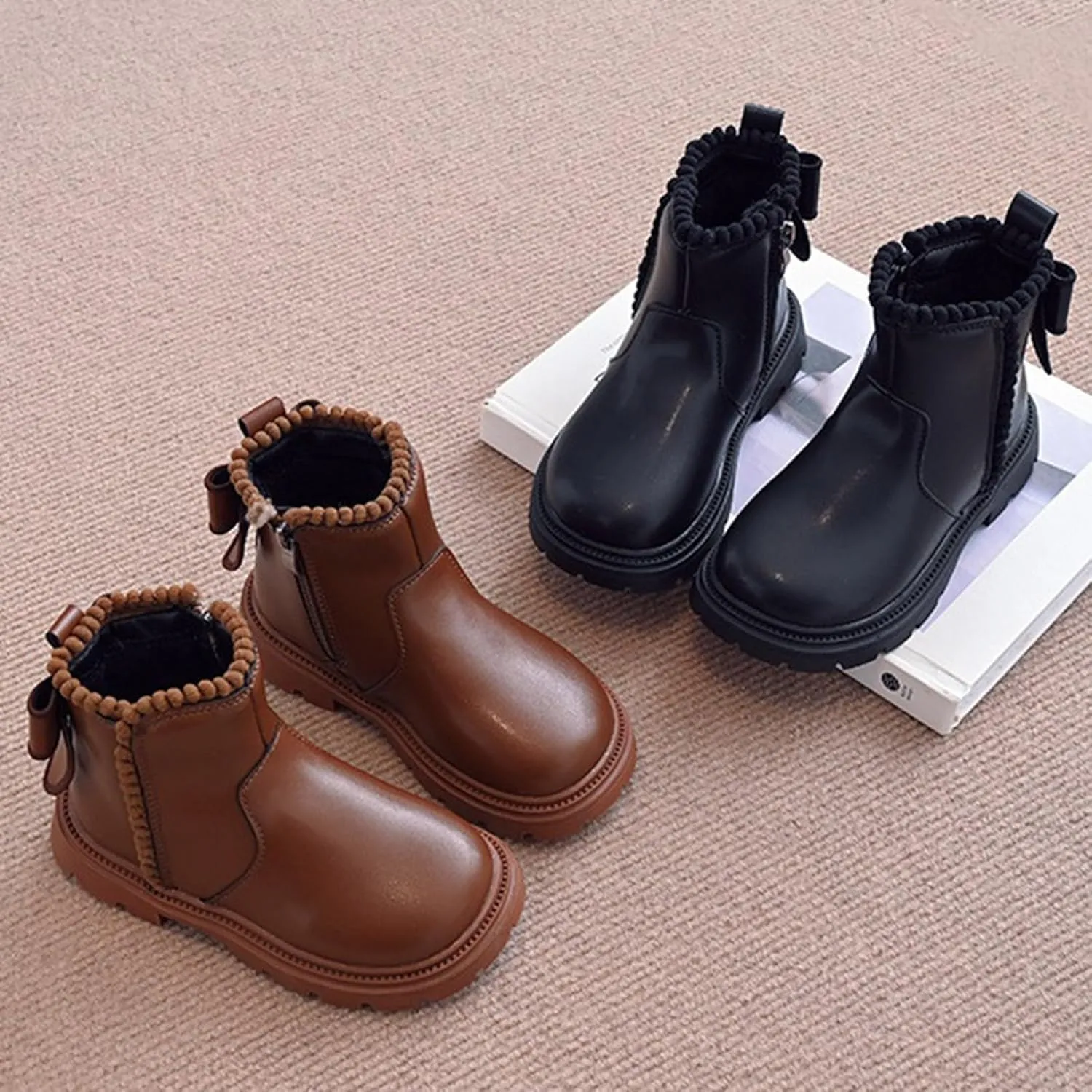 Side Zipper Ankle Boots for Kids Girls Anti Slip Soft Soles Solid Leather Booties Outdoor Hiking Walking Shoes
