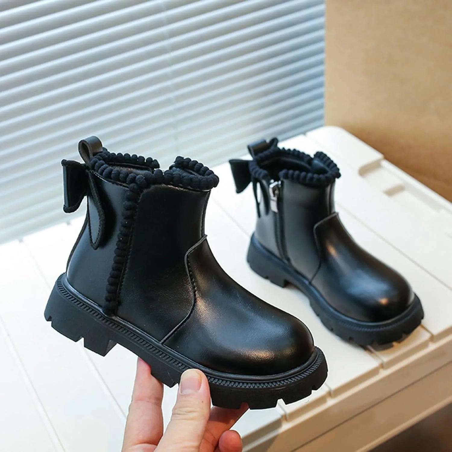 Side Zipper Ankle Boots for Kids Girls Anti Slip Soft Soles Solid Leather Booties Outdoor Hiking Walking Shoes
