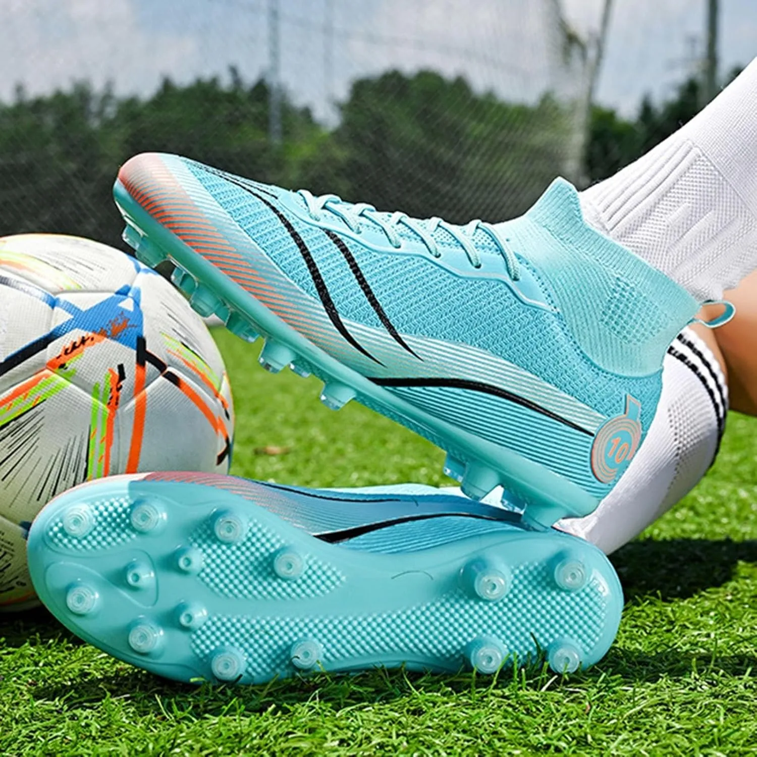 Soccer Cleats Wide Fit Competition Professional, Football Cleats Lightweight Breathable High Top for Big Boys Youth Turf Ground Athletic Training