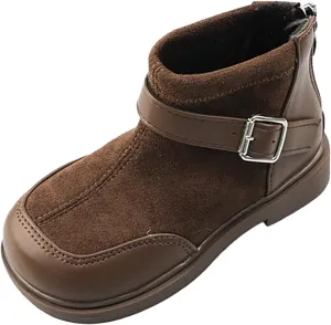 Toddler Kids Girls Classic Buckle Ankle Boots PU Leather Anti Slip Outdoor Casual Hiking Shoes High Top Sneaker