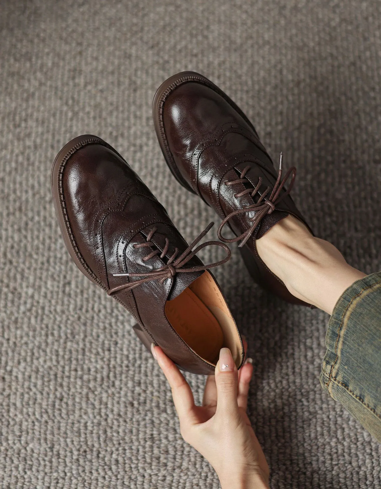 Vintage Braided Sheepskin Brogue Oxfords for Women