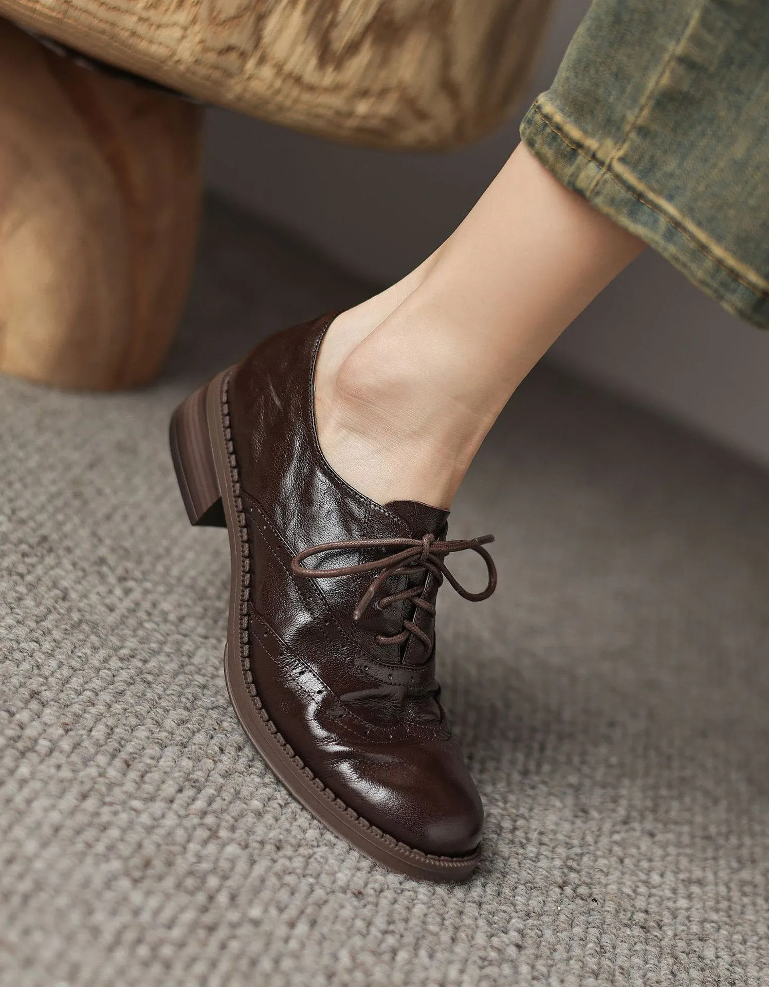 Vintage Braided Sheepskin Brogue Oxfords for Women