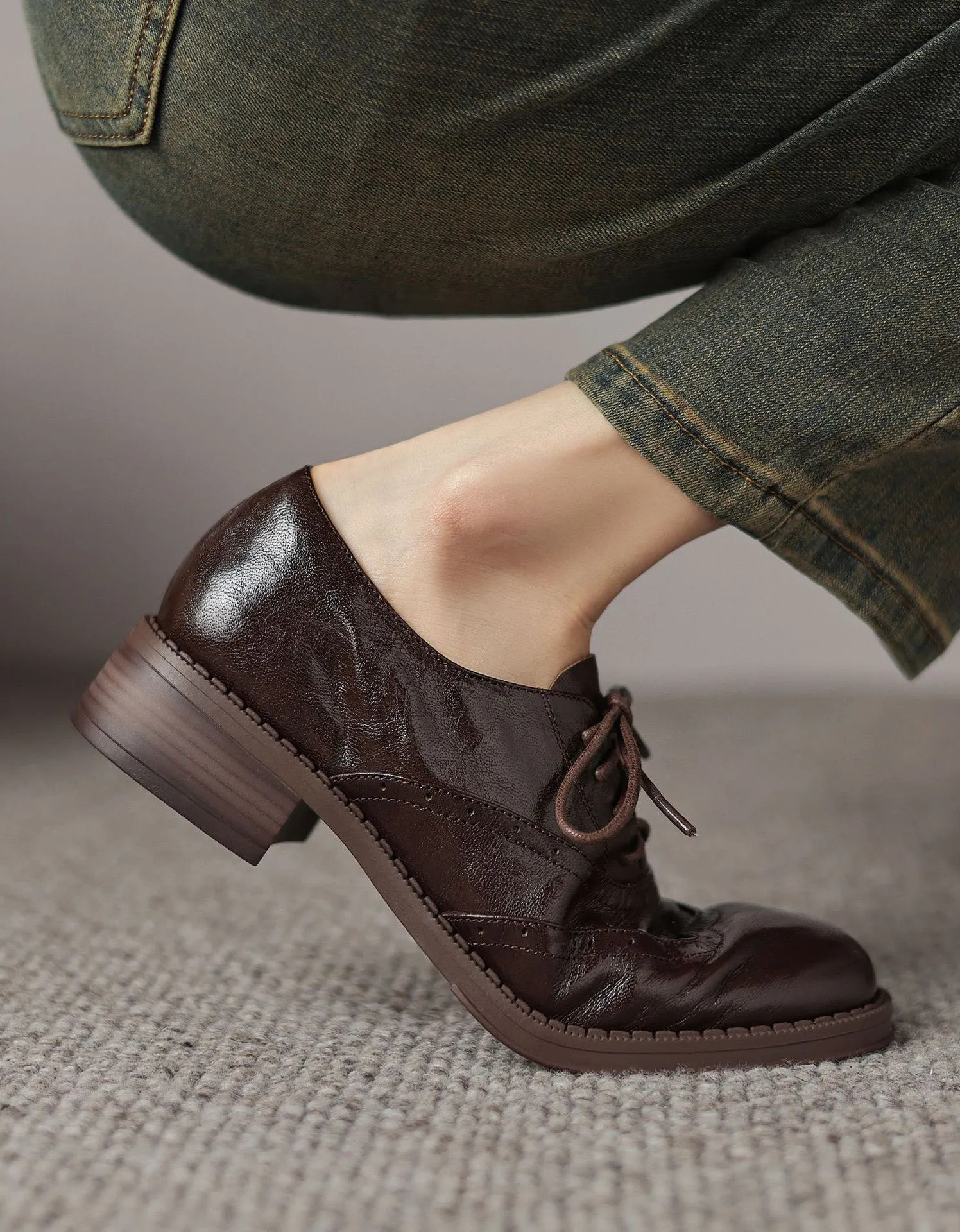 Vintage Braided Sheepskin Brogue Oxfords for Women