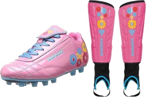 Vizari Blossom Soccer Cleats (13) & Shinguards (XS) Combo | Firm Ground Cleats with Superior Traction & Lightweight Shin Guards with Detachable Ankle Protection | Perfect Youth Soccer Set for Performa