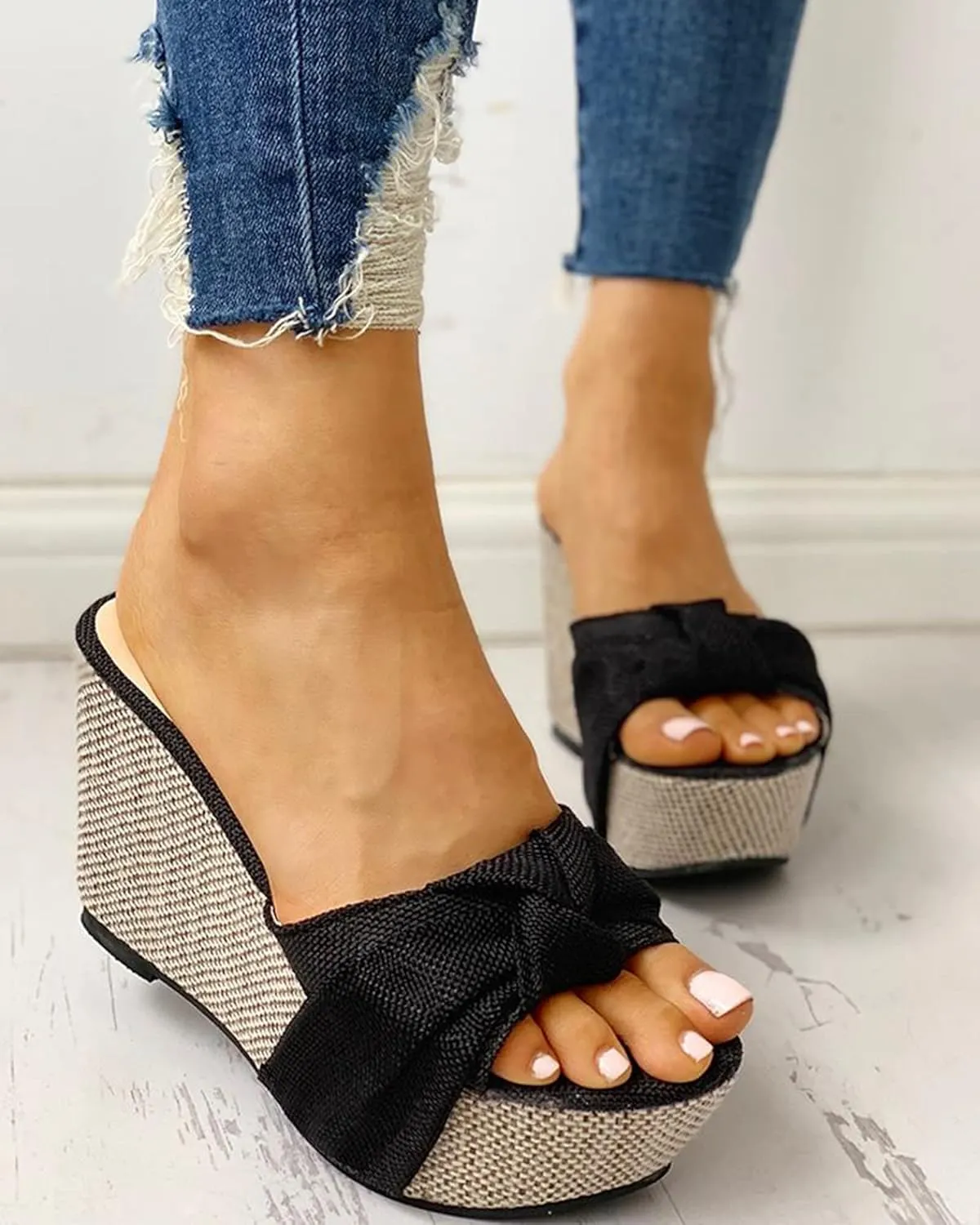 Wedge Sandals for Women Espadrilles Summer Open Toe Platform Sandals Ladies Bow Slip on Slides Slippers Mule Clogs Comfy Beach Shoes,Black,US9/EU40