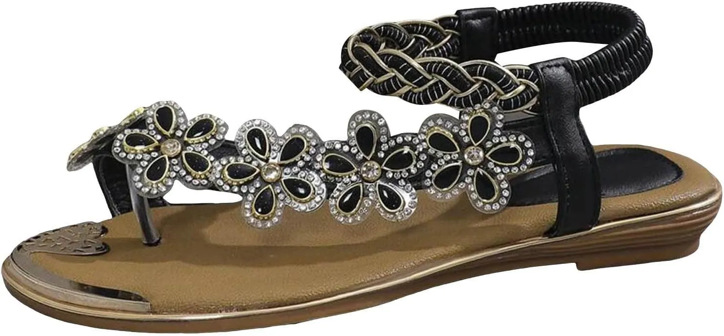 Women Flat Floral Flip Flops Boho Casual Shoes Women's Orthopaedic Sandals Elegant Cork Sandals for Women Suede (Black, 7)