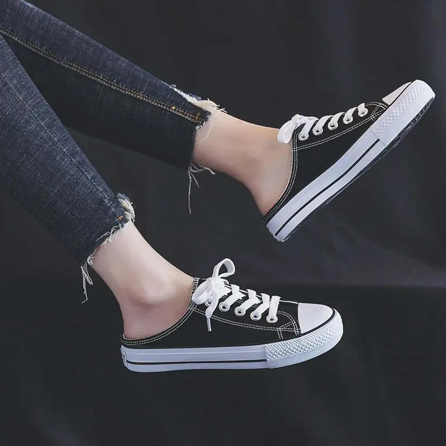 Women's Canvas Shoes Ladies Spring and Autumn Half-Slip Canvas Casual Shoes