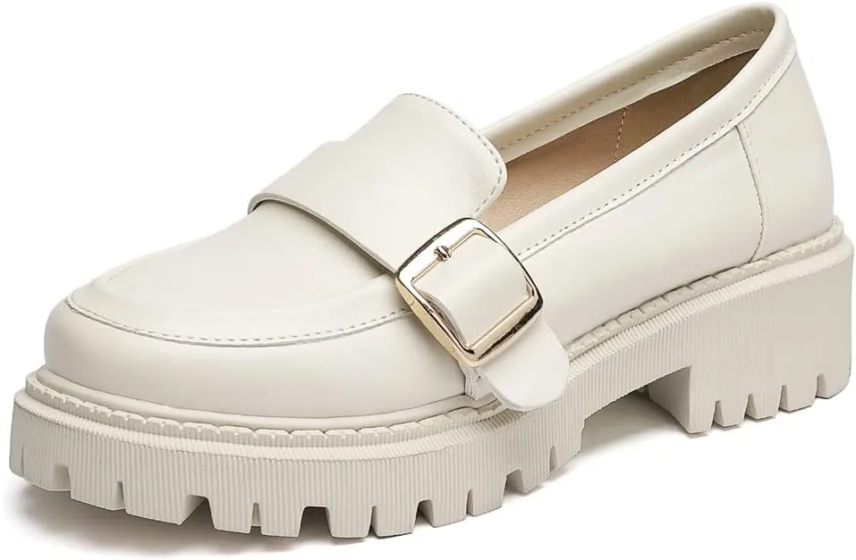 Women's Classic Buckle Slip On Loafers Round Toe Leather Platform Mid Heel Dress Oxford Pump Shoes