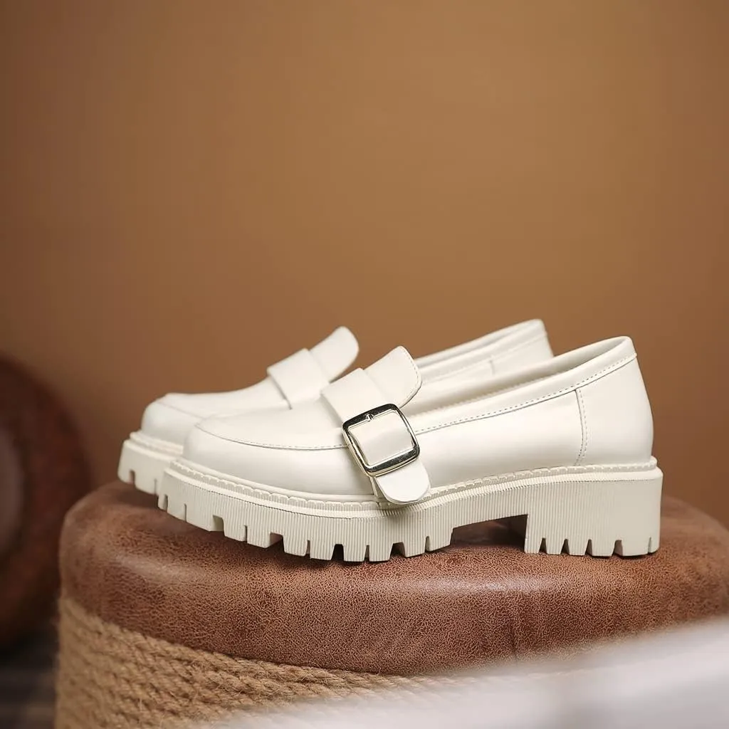 Women's Classic Buckle Slip On Loafers Round Toe Leather Platform Mid Heel Dress Oxford Pump Shoes