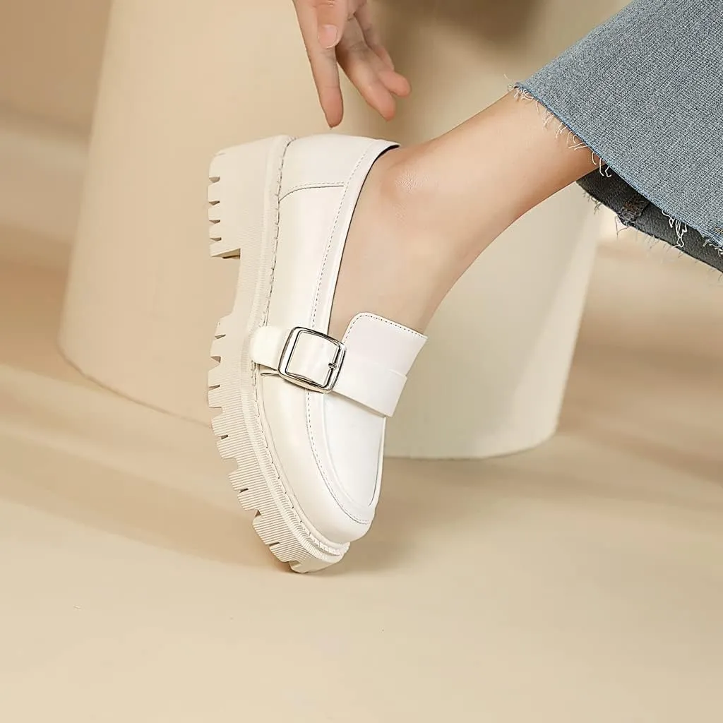 Women's Classic Buckle Slip On Loafers Round Toe Leather Platform Mid Heel Dress Oxford Pump Shoes