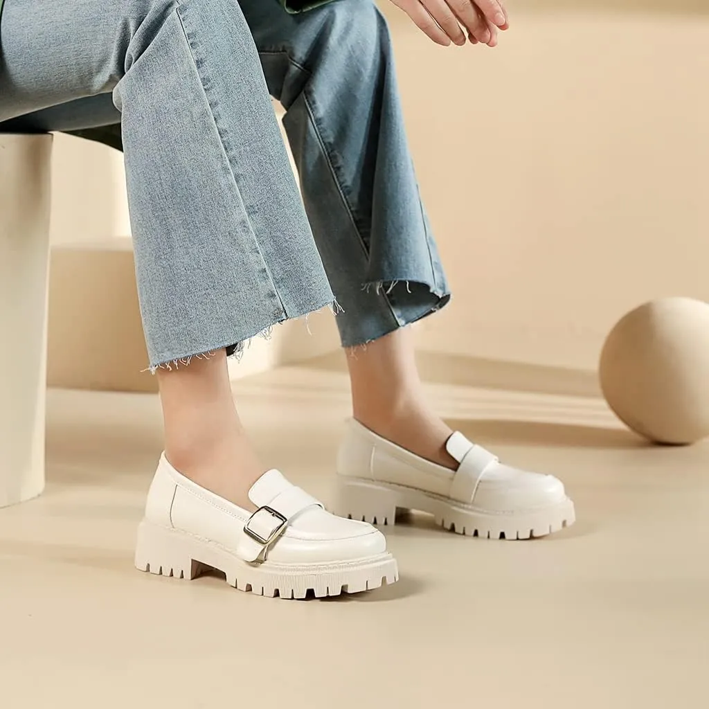 Women's Classic Buckle Slip On Loafers Round Toe Leather Platform Mid Heel Dress Oxford Pump Shoes