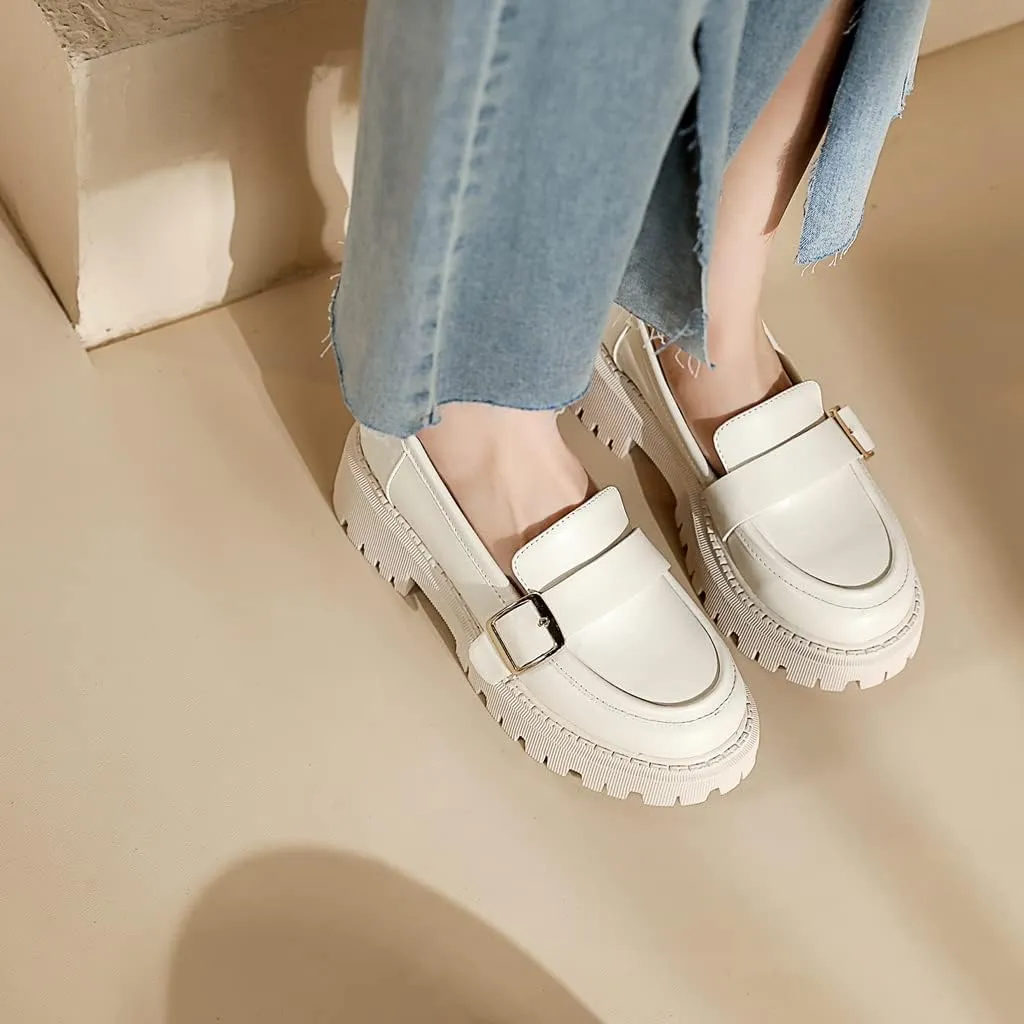 Women's Classic Buckle Slip On Loafers Round Toe Leather Platform Mid Heel Dress Oxford Pump Shoes
