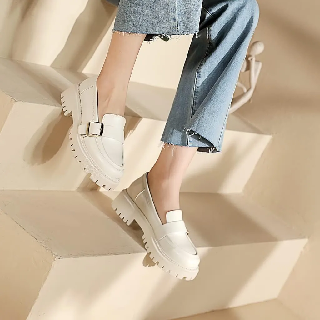 Women's Classic Buckle Slip On Loafers Round Toe Leather Platform Mid Heel Dress Oxford Pump Shoes