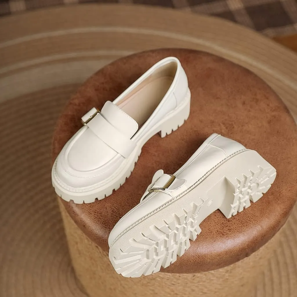 Women's Classic Buckle Slip On Loafers Round Toe Leather Platform Mid Heel Dress Oxford Pump Shoes