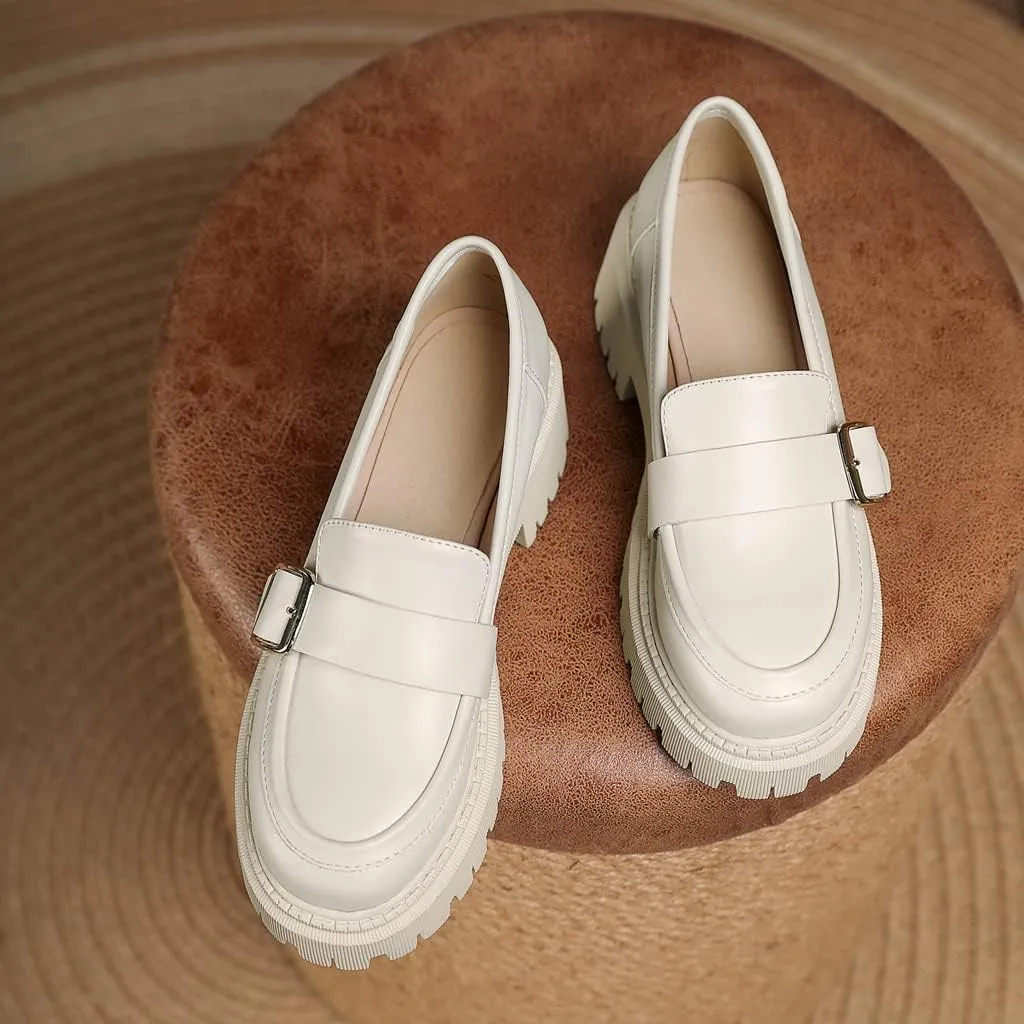 Women's Classic Buckle Slip On Loafers Round Toe Leather Platform Mid Heel Dress Oxford Pump Shoes
