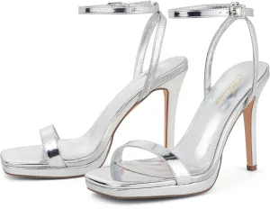Women??s Stiletto Strappy Heeled Sandals, 4.3 Inch Square Open Toe Sexy High Heels Ankle Strap Buckle Heels for Party Wedding Dress Daily Wear Shoes