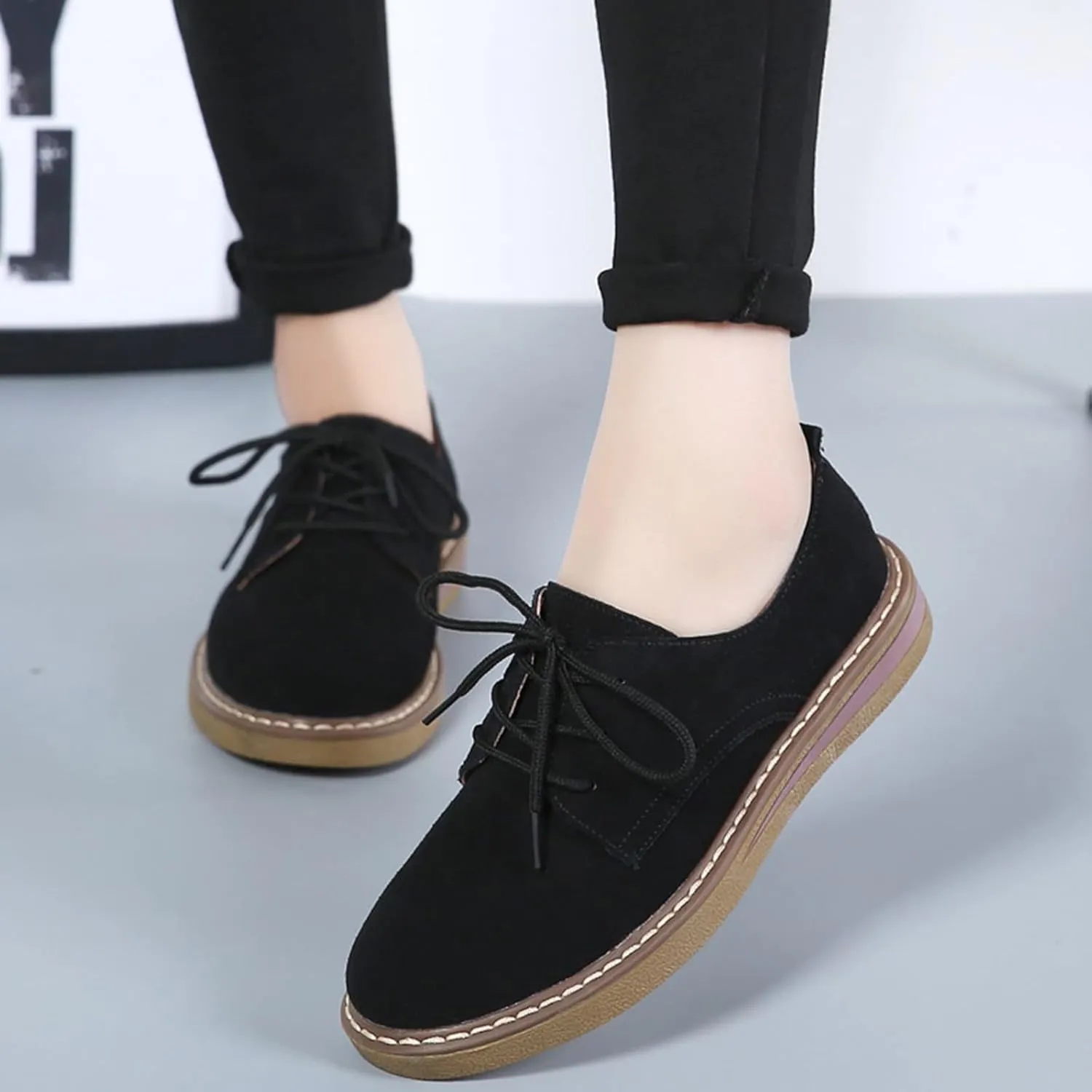 Women's Suede Lace Up Platform Oxfords Comfortable Lug Sole Non Slip Work Business Dress Shoes for Office Outdoor
