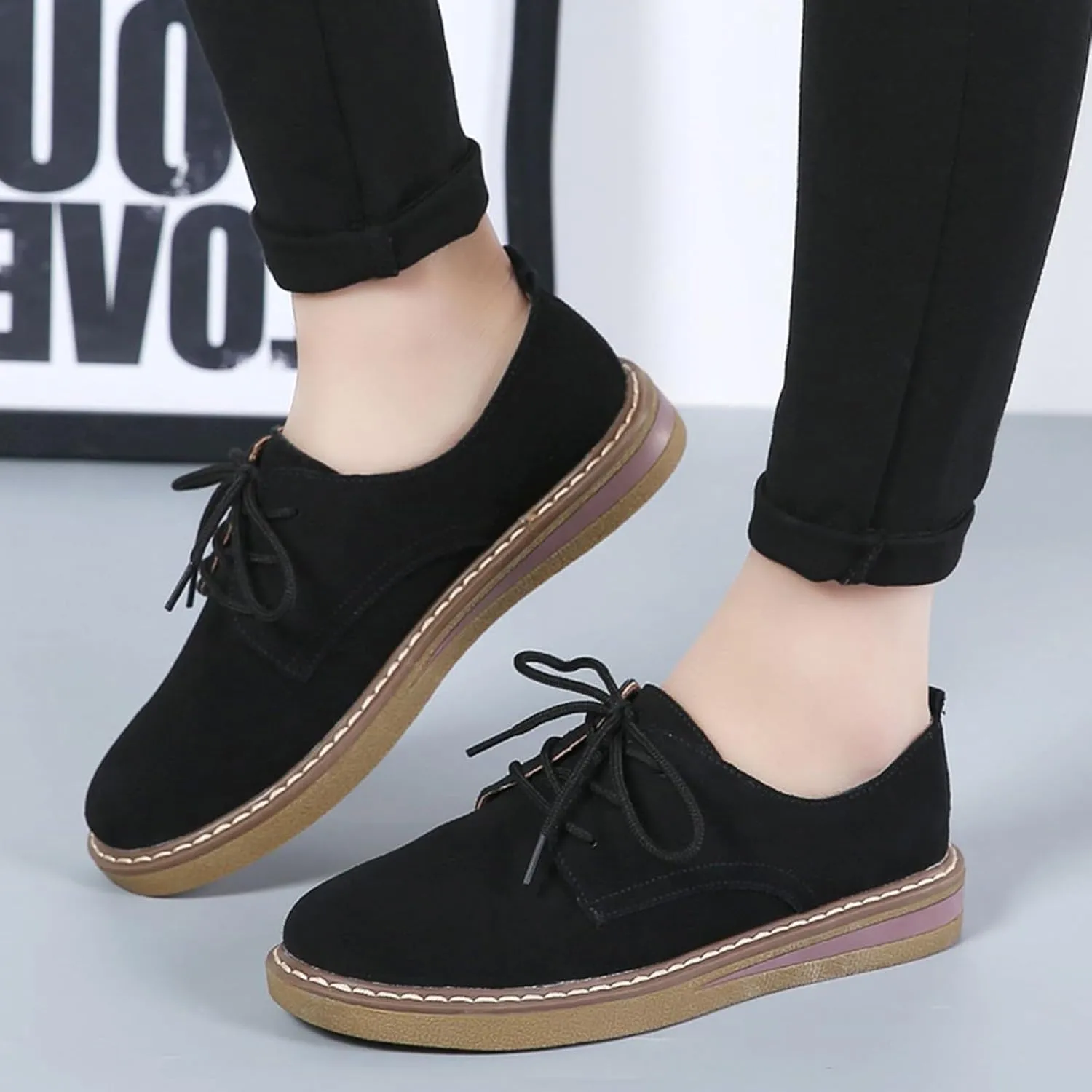 Women's Suede Lace Up Platform Oxfords Comfortable Lug Sole Non Slip Work Business Dress Shoes for Office Outdoor