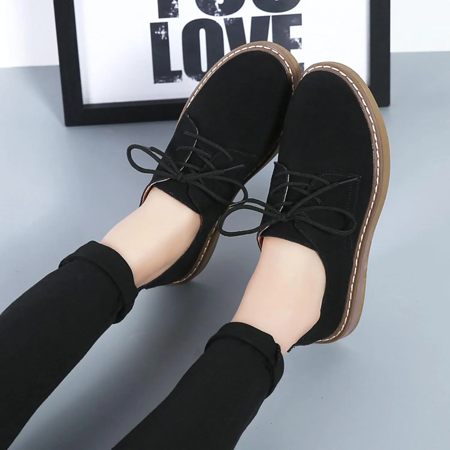 Women's Suede Lace Up Platform Oxfords Comfortable Lug Sole Non Slip Work Business Dress Shoes for Office Outdoor