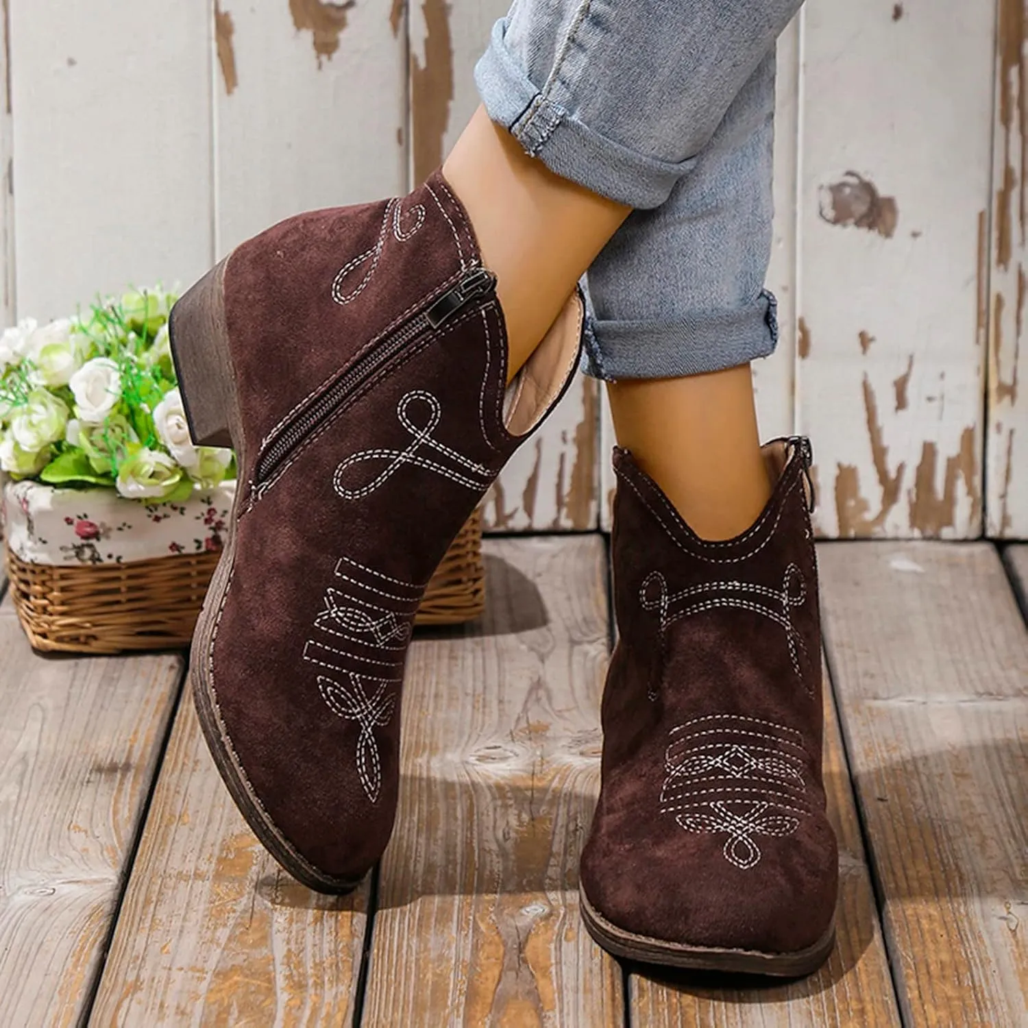 Work Boots for Women Ankle Black Flat Booties Boots Ankle Women Womens Work Boot Lightweight Breathable Slip on Pointed Toe Chunky Stacked Heel