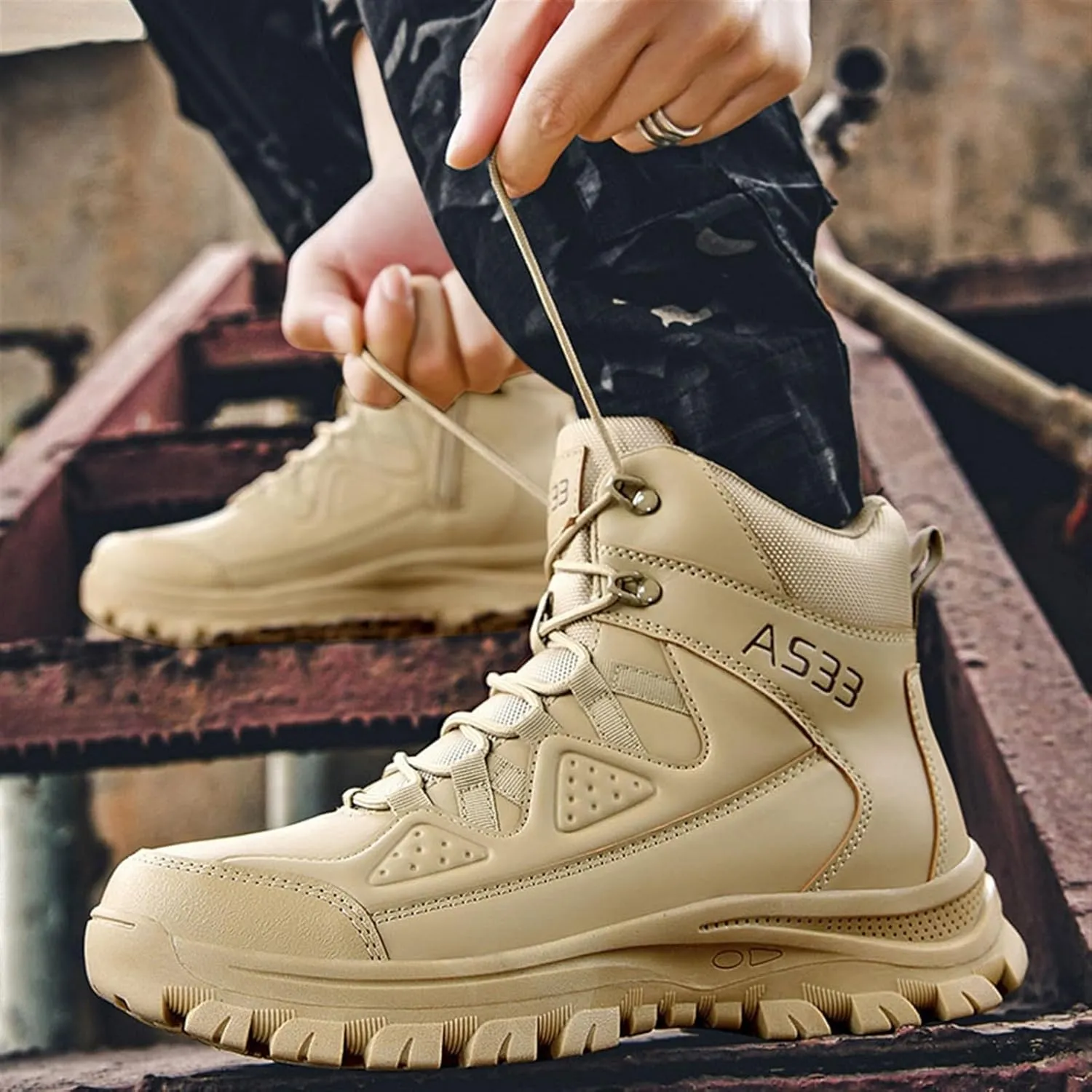 Wygwlg Men's Hiking Boots, Men Plus Size High Top Side Zipper Breathable Combat Work Boots, Comfortable and Water Resistant Work Boots, for Hiking, Motorcycle, Climbing, Army Training