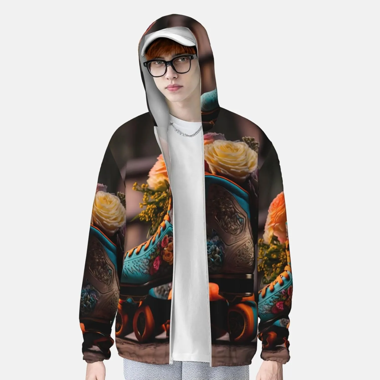 Zip Up Hoodie for Men Women - Classic Floral Blue Skate Shoes Hooded Sun Long Sleeve Shirt Men Women with Pockets