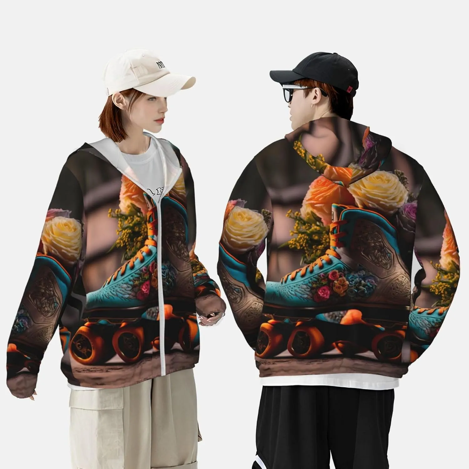 Zip Up Hoodie for Men Women - Classic Floral Blue Skate Shoes Hooded Sun Long Sleeve Shirt Men Women with Pockets