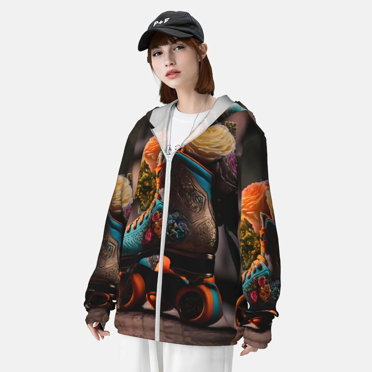 Zip Up Hoodie for Men Women - Classic Floral Blue Skate Shoes Hooded Sun Long Sleeve Shirt Men Women with Pockets